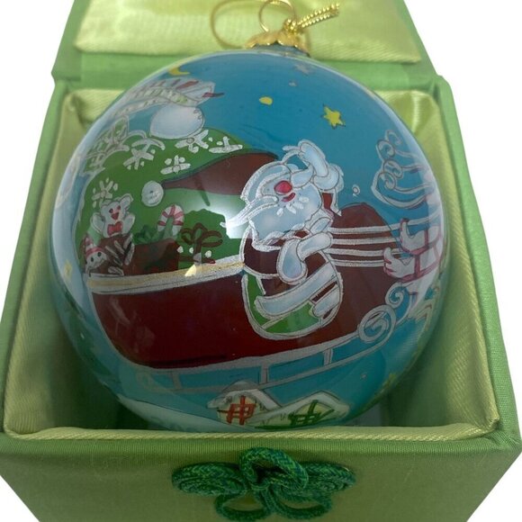 Christmas Ornament Blue Santa with Sleigh Reverse Glass Painted Le Bien Blue - Picture 4 of 11